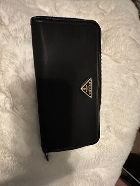 Prada Black Zip Wallet with Gold Logo Plaque